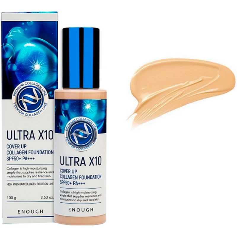 ENOUGH Ultra X10 cover up Collagen Foundation SPF50+ PA+++ №21, увлажняющий тональный крем, 100 г
