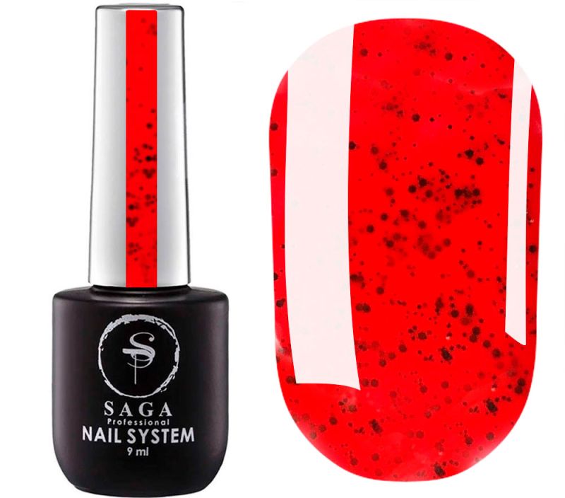 SAGA professional gel polish Black Snow 08 (bright coral with black chips), 9 ml