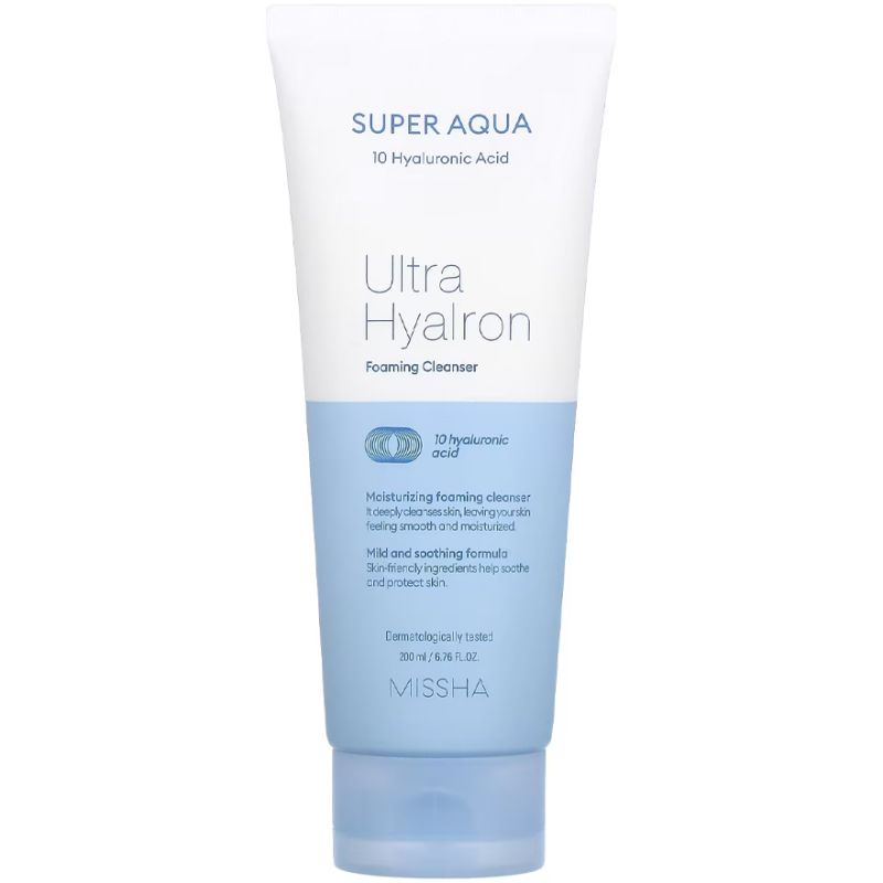 MISSHA Super Aqua Ultra Hyalron Foaming Cleanser - Hyaluronic Acid Cleansing Foam, 200 ml