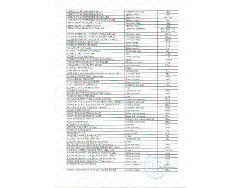 MIZON hygiene certificates