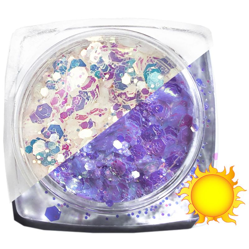 Komilfo photochromic sequins MIX-004, mix sizes, (milky / violet photochrome), 2.5 g