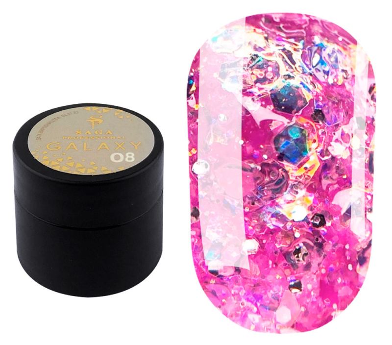 SAGA professional Galaxy glitter 08 (прозрачный с голографическими розовыми блестками), 8 мл