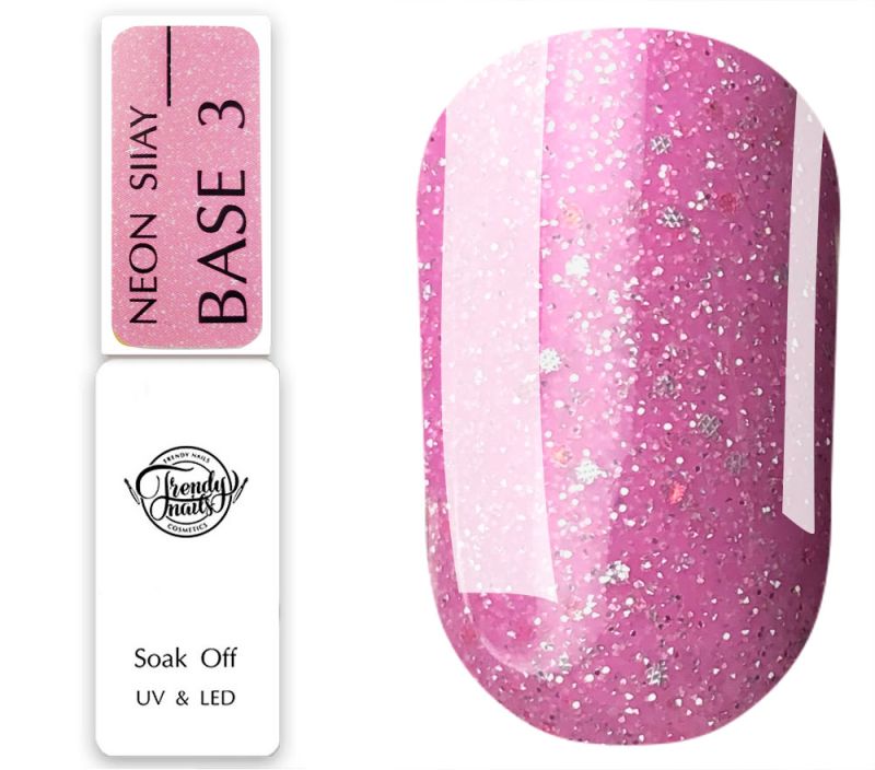 Trendy Nails Neon Siiay Base №03 (bright pink with sparkles, reflective), 8 ml