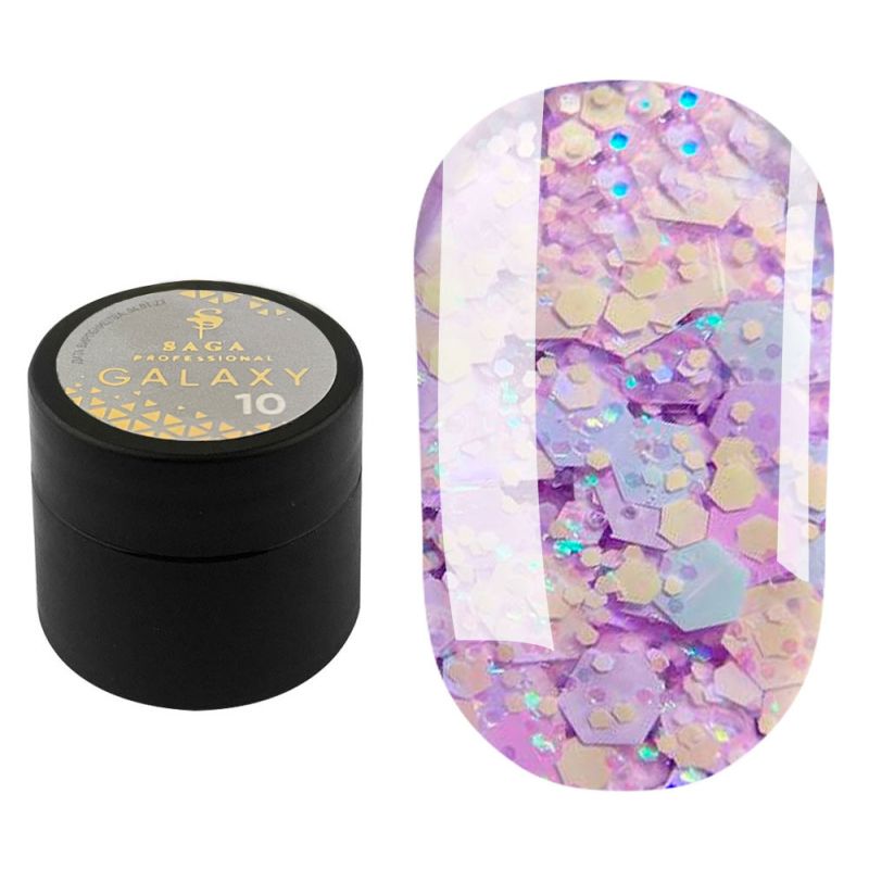 SAGA professional Galaxy glitter 10 (прозрачный с голографическими сиреневыми блестками), 8 мл
