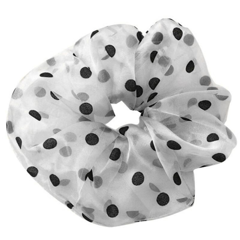 Hair tie made of chiffon, white with black dots, 17 cm