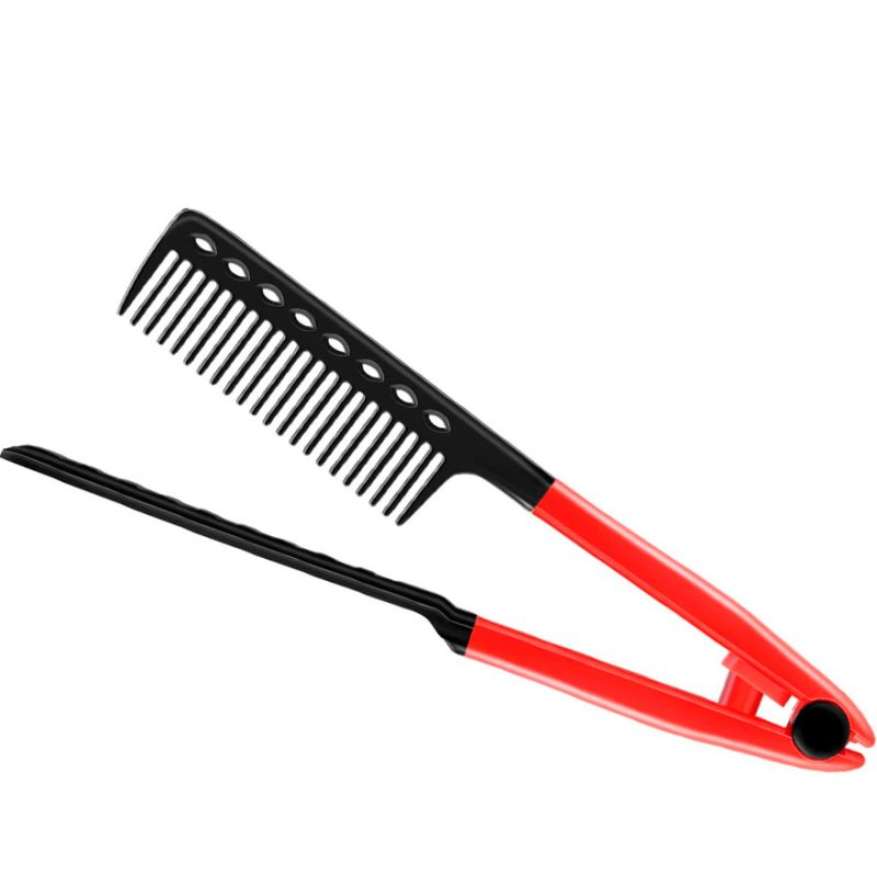 Comb-iron for drying hair with a hairdryer and for leveling with an iron, pink with black