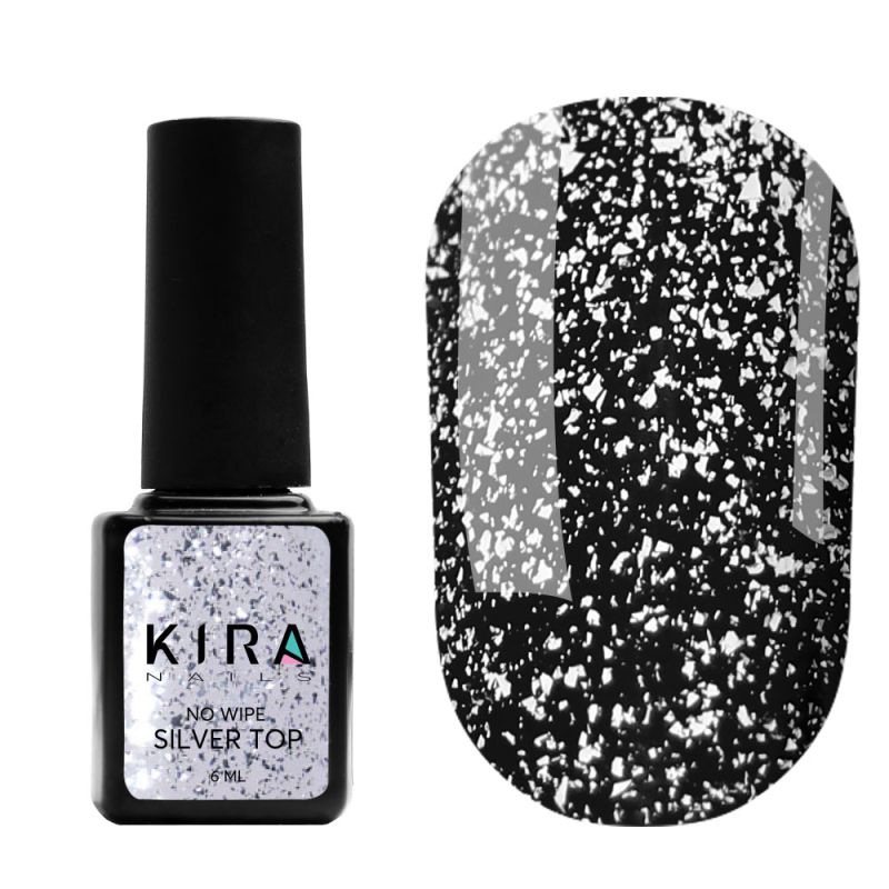 Kira Nails No Wipe Silver Top - топ без липкого слоя с серебряным микроблеском, 6 мл