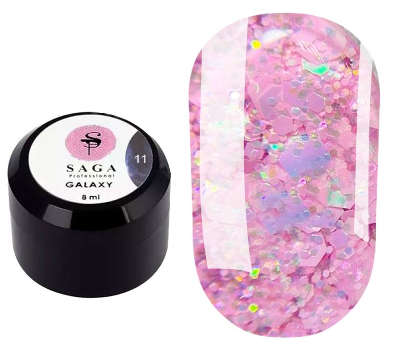 SAGA professional Galaxy glitter 11 (прозрачный с голографическими нежно-розовыми блестками), 8 мл